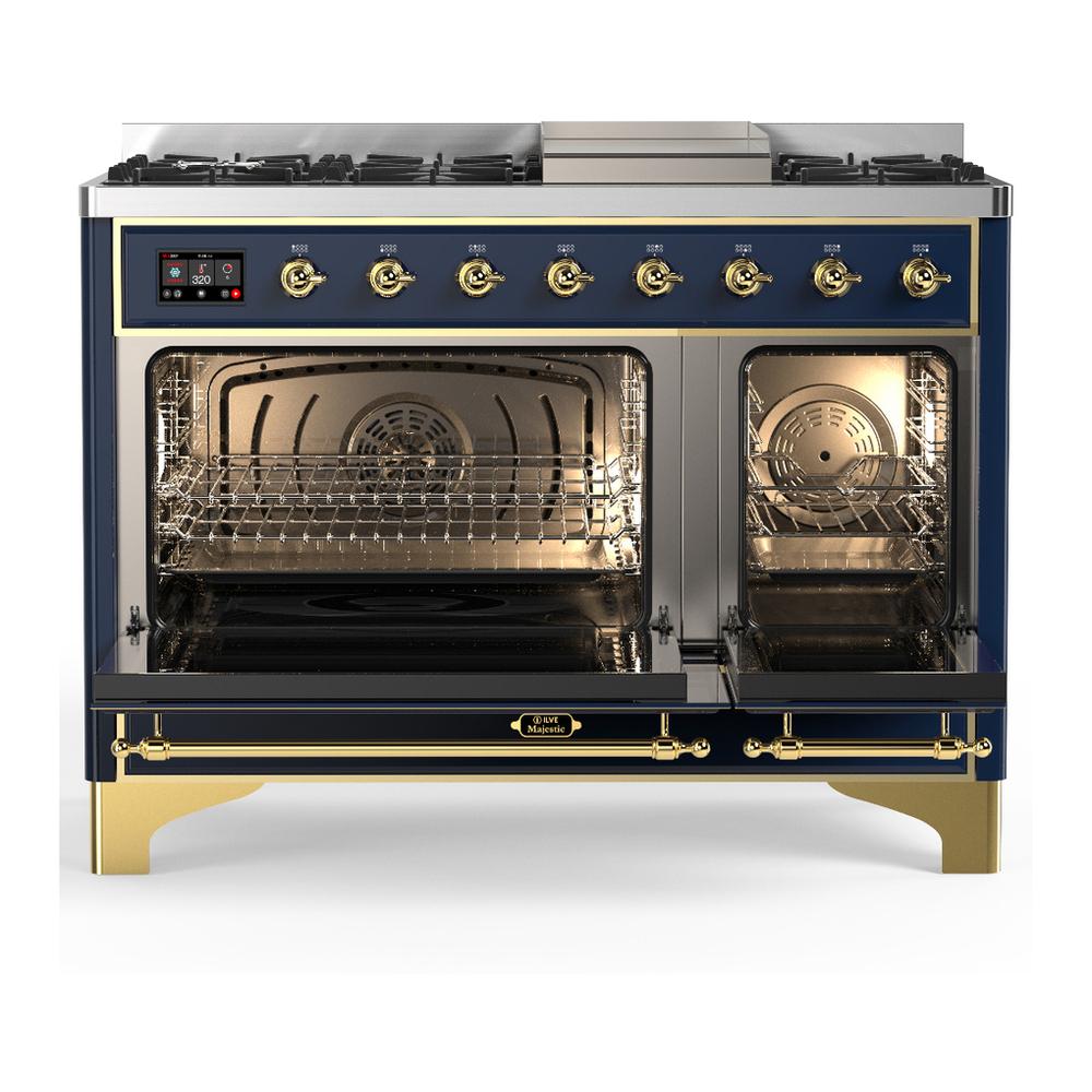 Ilve UM48FQNR3MBGLP Ilve Um48Fqnr3Mbglp Majestic Iii 48 Inch Dual Fuel Range With 8 Burners And Griddle, Dual Function Burner Up To 25,000 Btu (Liquid Propane, Solid Door, Midnight Blue, Brass)