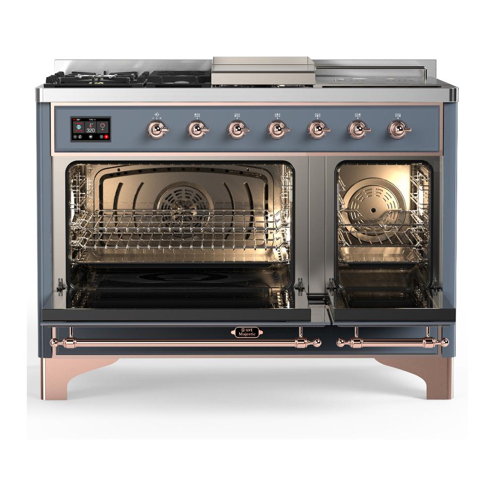 Ilve UM48FSQNR3BGP Ilve Um48Fsqnr3Bgp Majestic Iii 48 Inch Dual Fuel Range With 5 Black Brass Burners, Griddle And French Top, Dual Function Burner Up To 25,000 Btu (Natural Gas, Solid Door, Blue Grey, Copper)