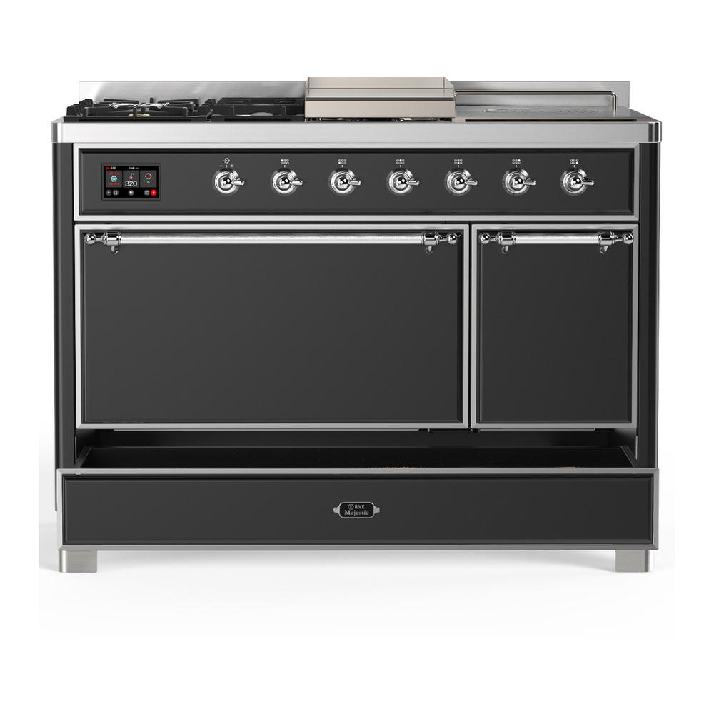 Ilve UM48FSQNR3MGCLP Ilve Um48Fsqnr3Mgclp Majestic Iii 48 Inch Dual Fuel Range With 5 Black Brass Burners, Griddle And French Top, Dual Function Burner Up To 25,000 Btu (Liquid Propane, Solid Door, Graphite Matte, Chrome)