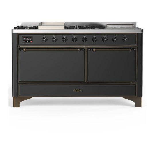 Ilve UM60FSQNR3MGB Ilve Um60Fsqnr3Mgb Majestic Iii 60 Inch Dual Fuel Range With 7 Burners, Griddle And French Top, Dual Function Burner With Up To 25,000 Btu (Natural Gas, Solid Door, Graphite Matte, Burnished)