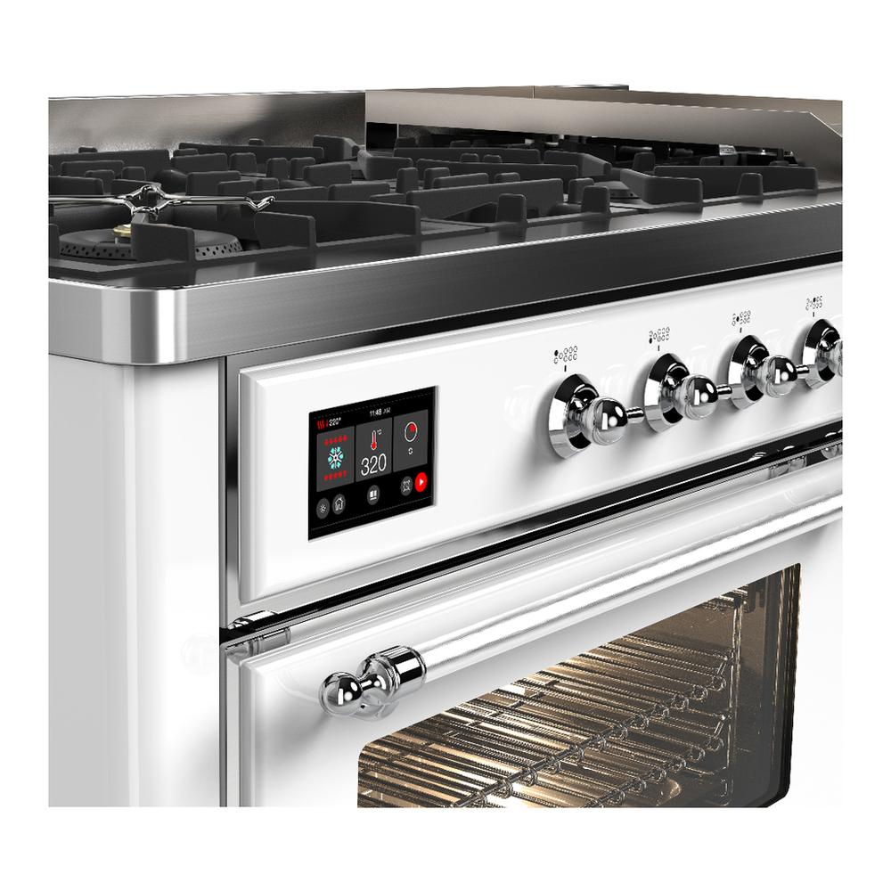 Ilve UM60FNR3WHC Ilve Um60Fnr3Whc Majestic Iii 60 Inch Dual Fuel Range With 9 Burners And Griddle, Dual Function Burner Up To 25,000 Btu (Natural Gas, Triple Glass Door, White, Chrome)