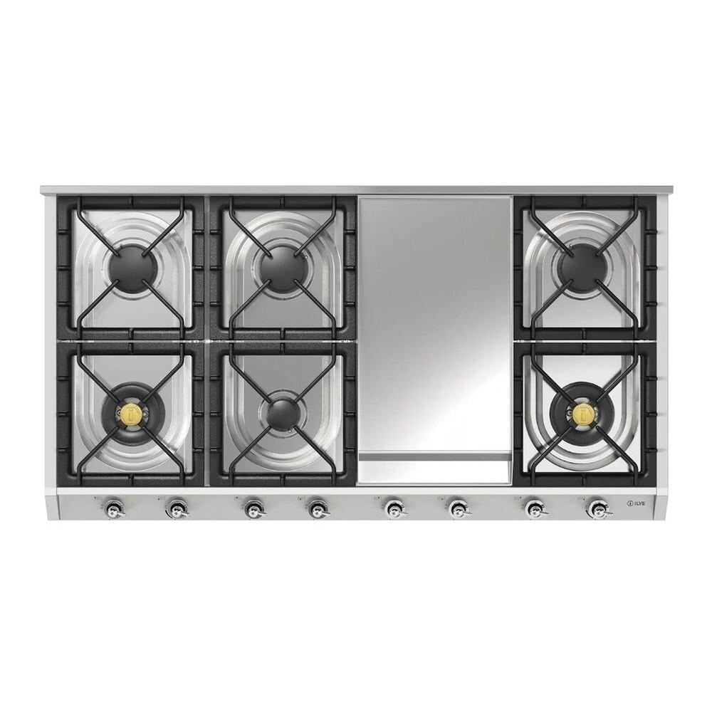 Ilve UHCP1265FNSSC Ilve Uhcp1265Fnssc Nostalgie Ii 48 Inch Gas Cooktop With 8 Burners, Griddle, In Stainless Steel (Natural Gas, Chrome)
