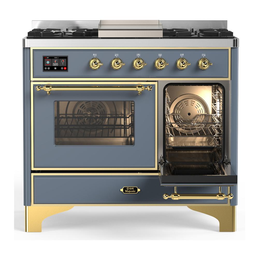 Ilve UMD40FNR3BGG Ilve Umd40Fnr3Bgg Majestic Iii 40 Inch Dual Fuel Range With 6 Burners And Griddle, Dual Function Burner Up To 25,000 Btu (Natural Gas, Triple Glass Door, Blue Grey, Brass)