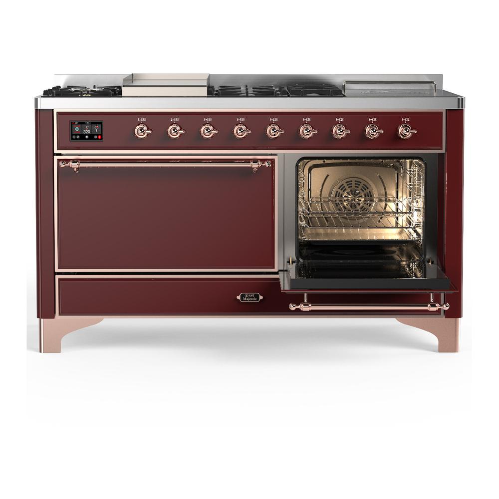 Ilve UM60FSQNR3BUP Ilve Um60Fsqnr3Bup Majestic Iii 60 Inch Dual Fuel Range With 7 Burners, Griddle And French Top, Dual Function Burner With Up To 25,000 Btu (Natural Gas, Solid Door, Burgundy, Copper)