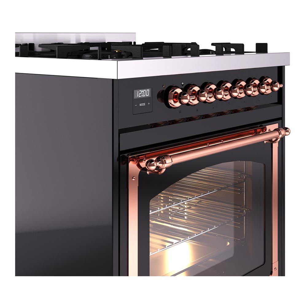 Ilve UN30NMPBKPLP Ilve Un30Nmpbkplp Nostalgie Ii Noblesse 30" Dual Fuel Range (Liquid Propane, Triple Glass Door, Glossy Black, Copper)