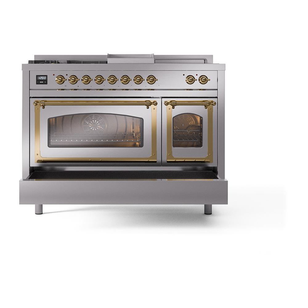 Ilve UN48FSNMPSSGLP Ilve Un48Fsnmpssglp Nostalgie Ii Noblesse 48" Dual Fuel Range (5 Sealed Burners + Griddle + French Top, Liquid Propane, Triple Glass Door, Stainless Steel, Brass)