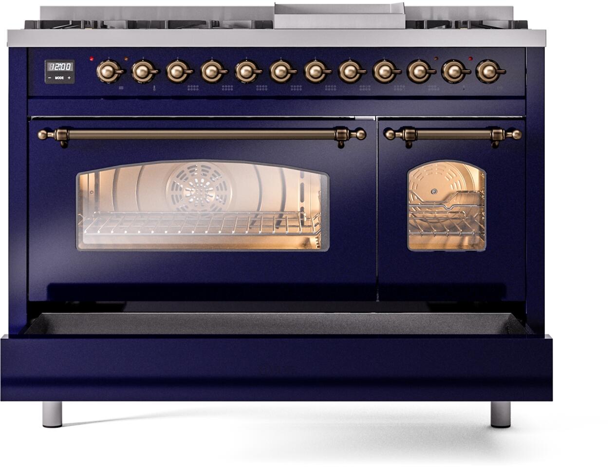 Ilve UP48FNMPMBB Nostalgie Ii 48 Inch Dual Fuel Natural Gas Freestanding Range In Blue With Bronze Trim