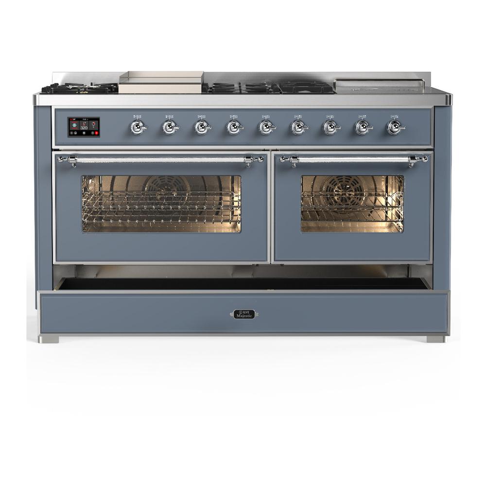 Ilve UM60FSNR3BGCLP Ilve Um60Fsnr3Bgclp Majestic Iii 60 Inch Dual Fuel Range With 7 Burners, Griddle And French Top, Dual Function Burner With Up To 25,000 Btu (Liquid Propane, Triple Glass Door, Blue Grey, Chrome)