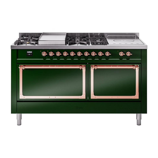 Ilve UN60FSQNMPEGPLP Ilve Un60Fsqnmpegplp Nostalgie Ii Noblesse 60" Dual Fuel Range (7 Sealed Burners + Griddle + French Top, Liquid Propane, Solid Door, Emerald Green, Copper)