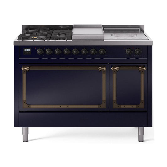 Ilve UN48FSQNMPMBBLP Ilve Un48Fsqnmpmbblp Nostalgie Ii Noblesse 48" Dual Fuel Range (5 Sealed Burners + Griddle + French Top, Liquid Propane, Solid Door, Midnight Blue, Burnished)