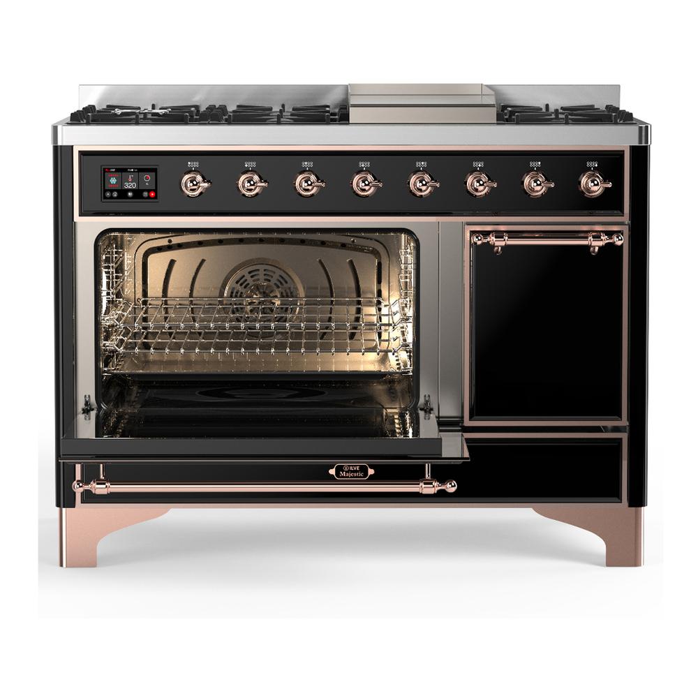 Ilve UM48FQNR3BKPLP Ilve Um48Fqnr3Bkplp Majestic Iii 48 Inch Dual Fuel Range With 8 Burners And Griddle, Dual Function Burner Up To 25,000 Btu (Liquid Propane, Solid Door, Glossy Black, Copper)