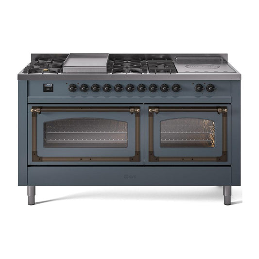 Ilve UN60FSNMPBGB Ilve Un60Fsnmpbgb Nostalgie Ii Noblesse 60" Dual Fuel Range (7 Sealed Burners + Griddle + French Top, Natural Gas, Triple Glass Door, Blue Grey, Burnished)