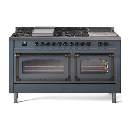 Ilve UN60FSNMPBGB Ilve Un60Fsnmpbgb Nostalgie Ii Noblesse 60" Dual Fuel Range (7 Sealed Burners + Griddle + French Top, Natural Gas, Triple Glass Door, Blue Grey, Burnished)
