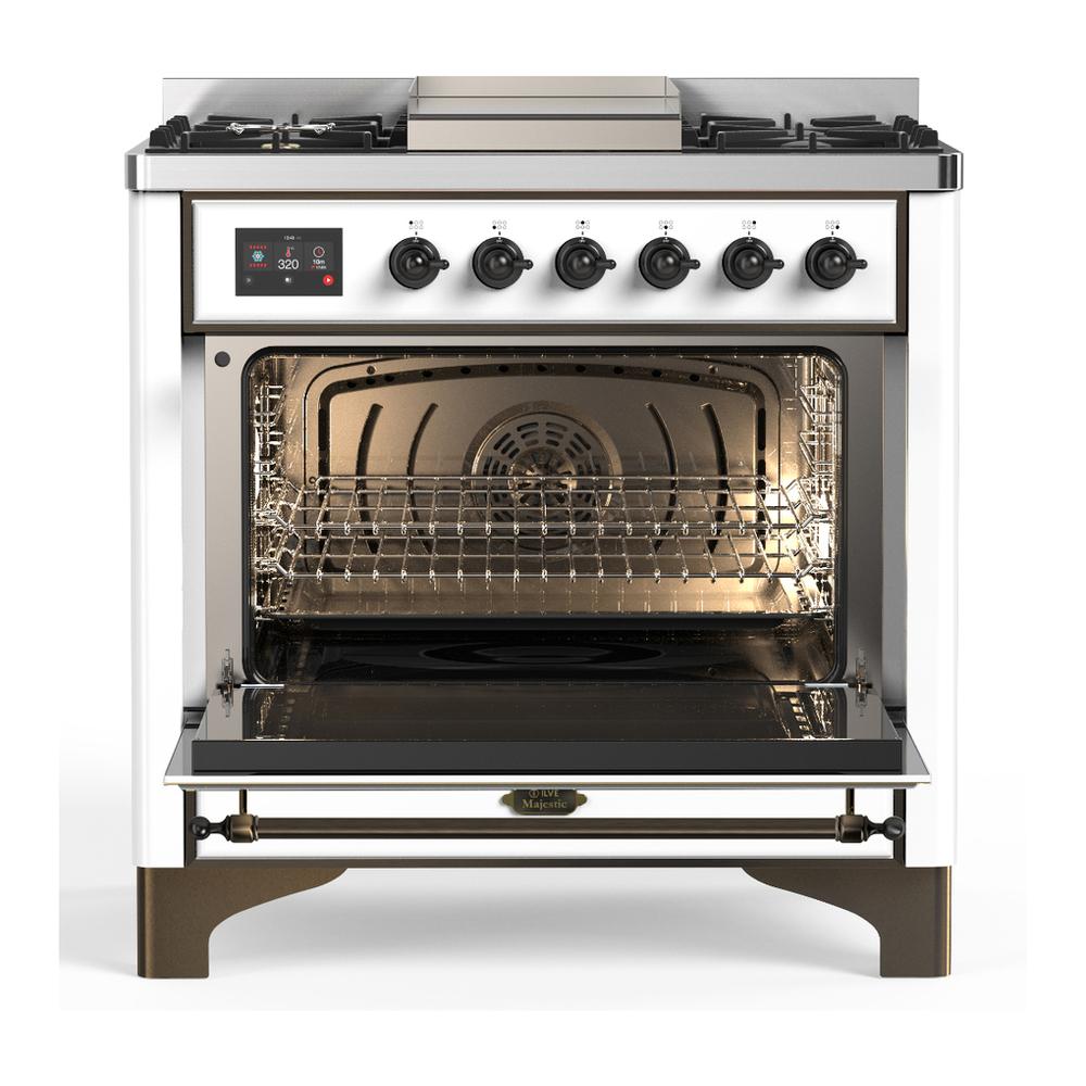 Ilve UM36FQNR3WHBLP Ilve Um36Fqnr3Whblp Majestic Iii 36 Inch Dual Fuel Range With 6 Black Brass Burners And Griddle, Dual Function Burner Up To 25,000 Btu (Solid Door, White, Burnished, Liquid Propane)