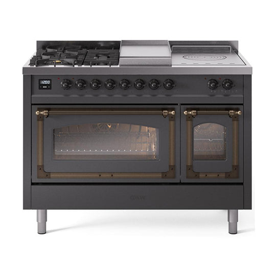 Ilve UN48FSNMPMGBLP Ilve Un48Fsnmpmgblp Nostalgie Ii Noblesse 48" Dual Fuel Range (5 Sealed Burners + Griddle + French Top, Liquid Propane, Triple Glass Door, Graphite Matte, Burnished)