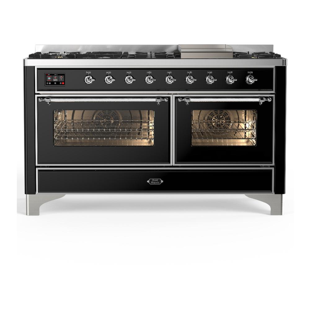Ilve UM60FNR3BKCLP Ilve Um60Fnr3Bkclp Majestic Iii 60 Inch Dual Fuel Range With 9 Burners And Griddle, Dual Function Burner Up To 25,000 Btu (Liquid Propane, Triple Glass Door, Glossy Black, Chrome)