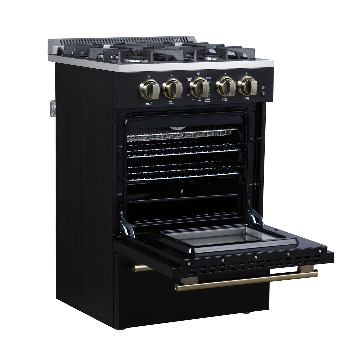 Forno FFSGS627224BLK Forno Breno 24 Inch Freestanding Gas Range In Black With Antique Brass, Compact Design