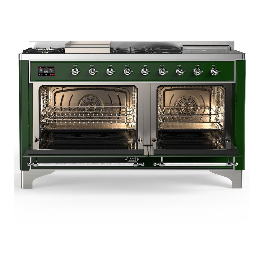 Ilve UM60FSQNR3EGC Ilve Um60Fsqnr3Egc Majestic Iii 60 Inch Dual Fuel Range With 7 Burners, Griddle And French Top, Dual Function Burner With Up To 25,000 Btu (Natural Gas, Solid Door, Emerald Green, Chrome)