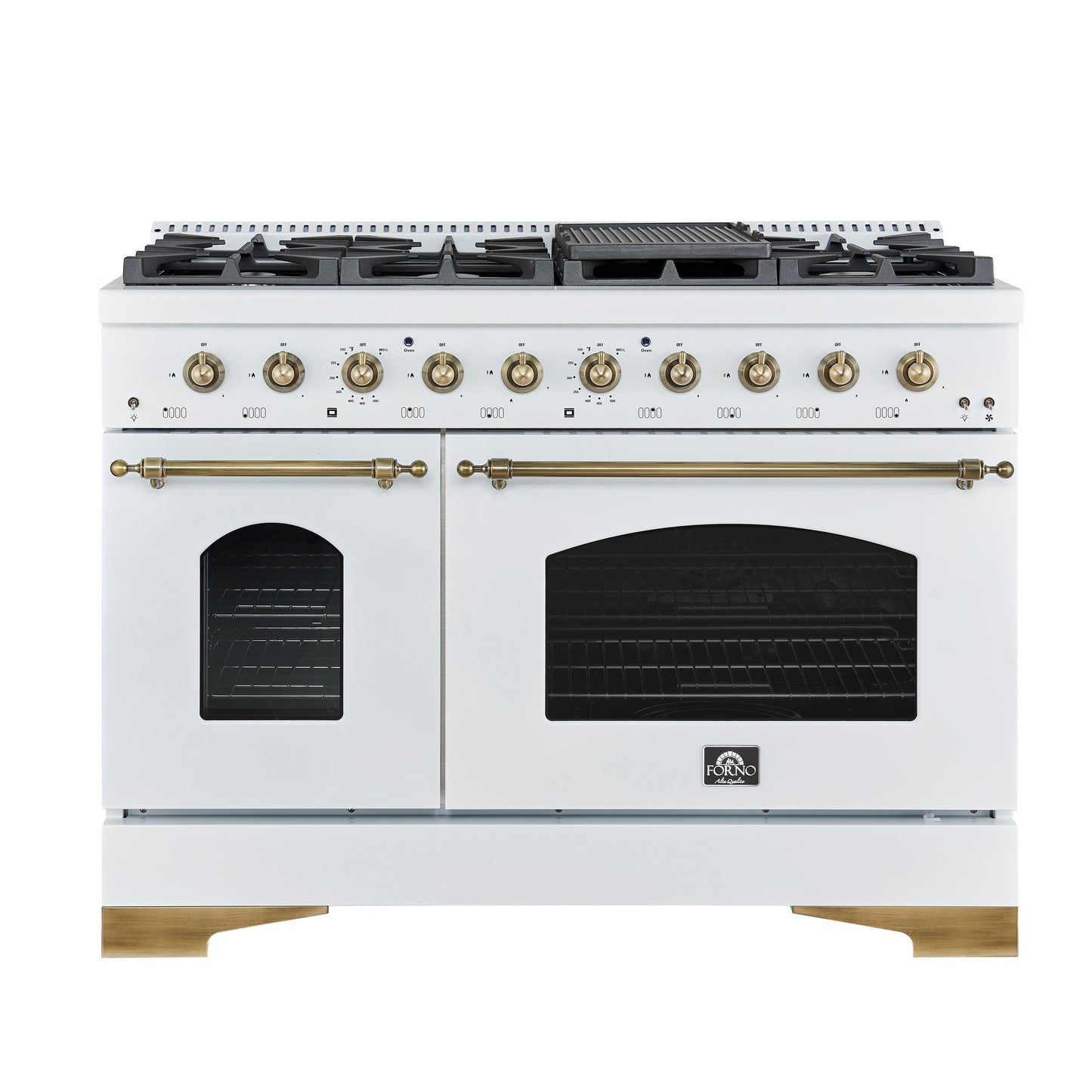 Forno FFSGS611348WHT Forno Antico 48-Inch Dual Fuel Range, White With Antique Brass Finish, 8 Burners, 94,000 Btu, 5.5 Cu.Ft. Double Ovens & Griddle