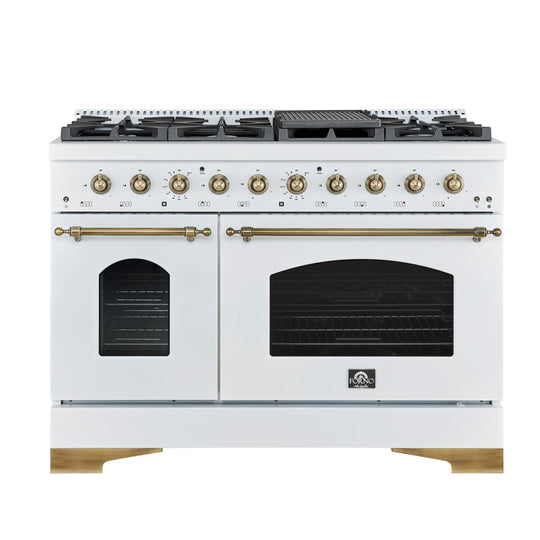Forno FFSGS611348WHT Forno Antico 48-Inch Dual Fuel Range, White With Antique Brass Finish, 8 Burners, 94,000 Btu, 5.5 Cu.Ft. Double Ovens & Griddle