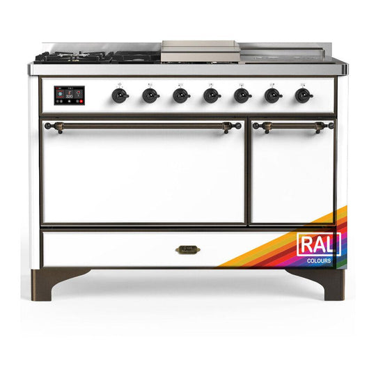 Ilve UM48FSQNR3RAB Ilve Um48Fsqnr3Rab Majestic Iii 48 Inch Dual Fuel Range With 5 Black Brass Burners, Griddle And French Top, Dual Function Burner Up To 25,000 Btu (Natural Gas, Solid Door, Ral, Burnished)