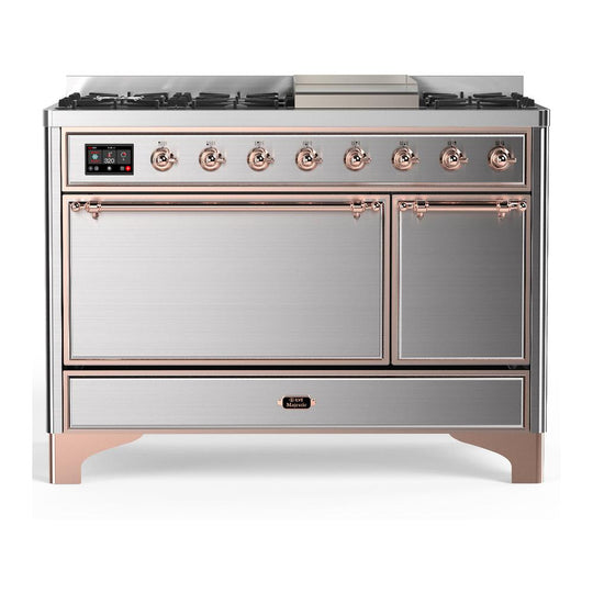 Ilve UM48FQNR3SSPLP Ilve Um48Fqnr3Ssplp Majestic Iii 48 Inch Dual Fuel Range With 8 Burners And Griddle, Dual Function Burner Up To 25,000 Btu (Liquid Propane, Solid Door, Stainless Steel, Copper)