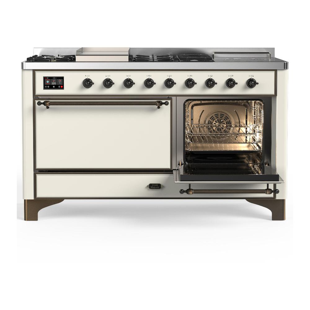 Ilve UM60FSQNR3AWBLP Ilve Um60Fsqnr3Awblp Majestic Iii 60 Inch Dual Fuel Range With 7 Burners, Griddle And French Top, Dual Function Burner With Up To 25,000 Btu (Liquid Propane, Solid Door, Antique White, Burnished)