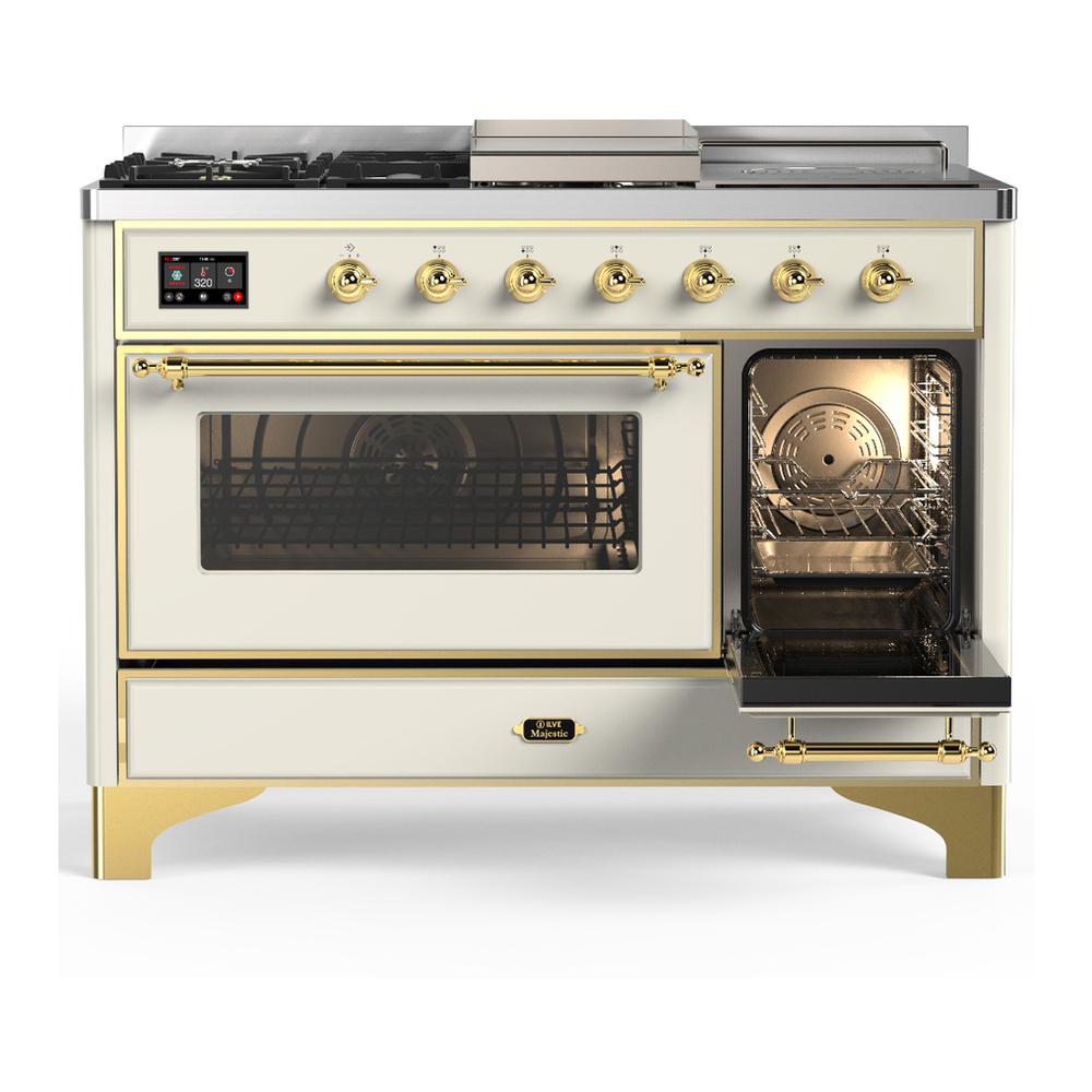 Ilve UM48FSNR3AWGLP Ilve Um48Fsnr3Awglp Majestic Iii 48 Inch Dual Fuel Range With 5 Black Brass Burners, Griddle And French Top, Dual Function Burner Up To 25,000 Btu (Liquid Propane, Triple Glass Door, Antique White, Brass)