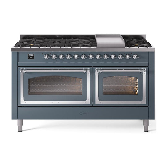 Ilve UN60FNMPBGCLP Ilve Un60Fnmpbgclp Nostalgie Ii Noblesse 60" Dual Fuel Range (9 Sealed Burners + Griddle, Liquid Propane, Triple Glass Door, Blue Grey, Chrome)