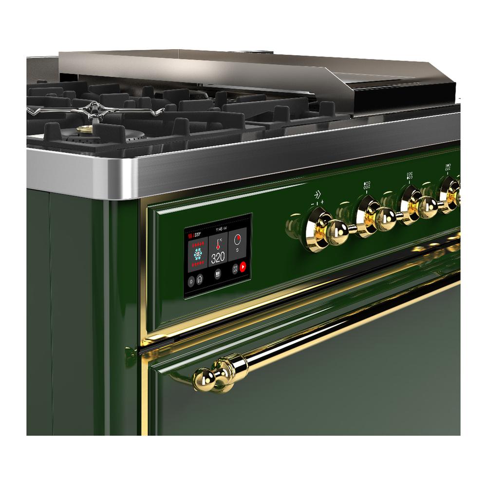 Ilve UM48FSQNR3EGG Ilve Um48Fsqnr3Egg Majestic Iii 48 Inch Dual Fuel Range With 5 Black Brass Burners, Griddle And French Top, Dual Function Burner Up To 25,000 Btu (Natural Gas, Solid Door, Emerald Green, Brass)