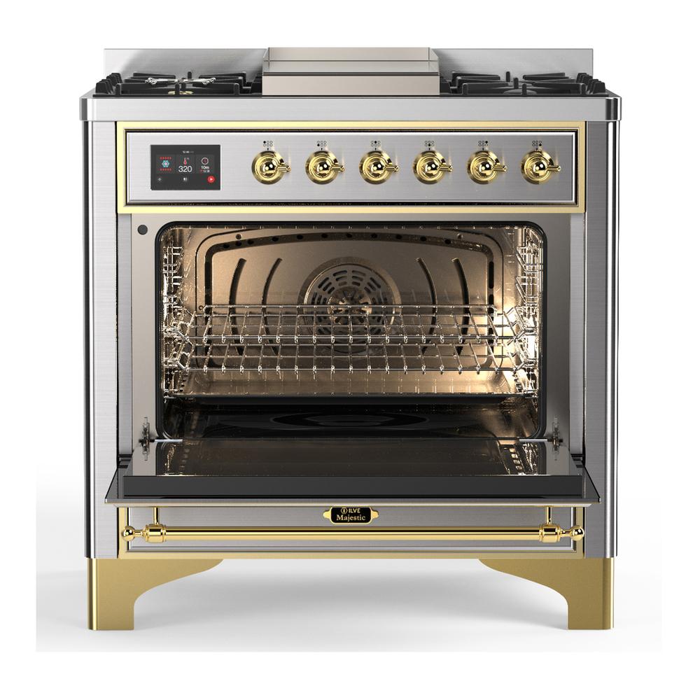 Ilve UM36FNR3SSGLP Ilve Um36Fnr3Ssglp Majestic Iii 36 Inch Dual Fuel Range With 6 Black Brass Burners And Griddle, Dual Function Burner Up To 25,000 Btu (Triple Glass Door, Stainless Steel, Brass, Liquid Propane)