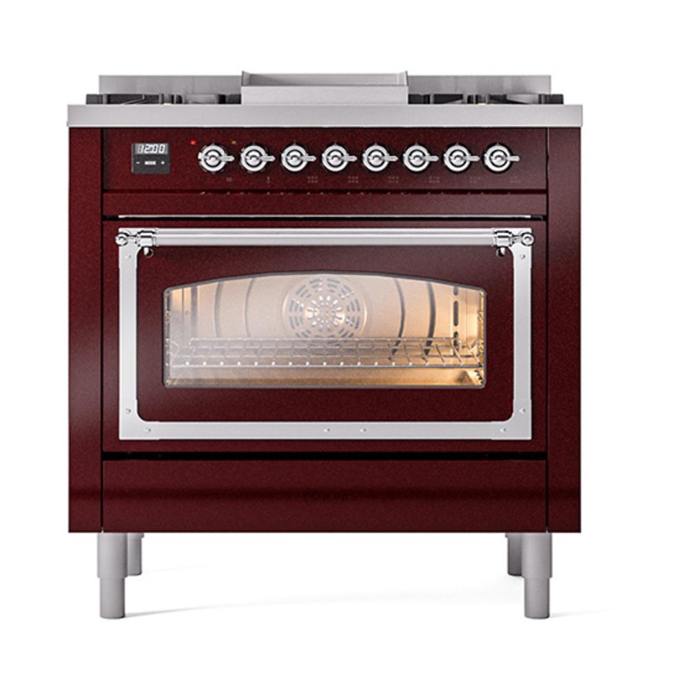 Ilve UN36FNMPBUCLP Ilve Un36Fnmpbuclp Nostalgie Ii Noblesse 36" Dual Fuel Range (Liquid Propane, Triple Glass Door, Burgundy, Chrome)