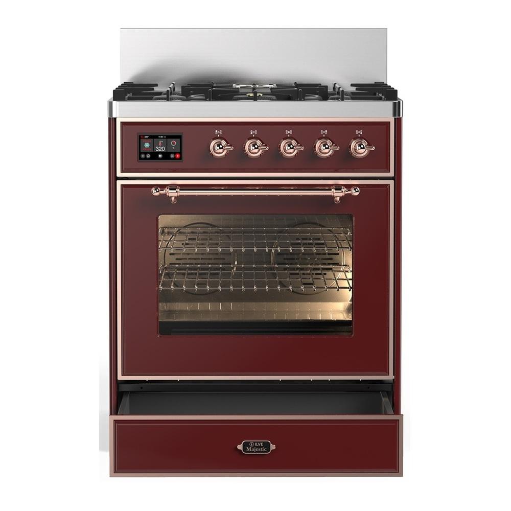 Ilve UM30NR3BUP Ilve Um30Nr3Bup Majestic Iii 30 Inch Dual Fuel Range With 5 Black Brass Burners, Dual Function Burner Up To 25,000 Btu (Natural Gas, Triple Glass Door, Burgundy, Copper)