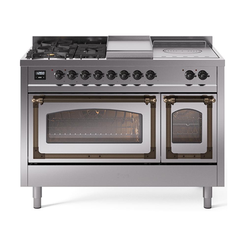 Ilve UN48FSNMPSSB Ilve Un48Fsnmpssb Nostalgie Ii Noblesse 48" Dual Fuel Range (5 Sealed Burners + Griddle + French Top, Natural Gas, Triple Glass Door, Stainless Steel, Burnished)