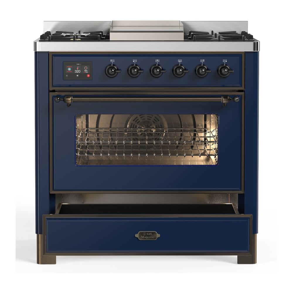 Ilve UM36FNR3MBB Ilve Um36Fnr3Mbb Majestic Iii 36 Inch Dual Fuel Range With 6 Black Brass Burners And Griddle, Dual Function Burner Up To 25,000 Btu (Triple Glass Door, Midnight Blue, Burnished, Natural Gas)
