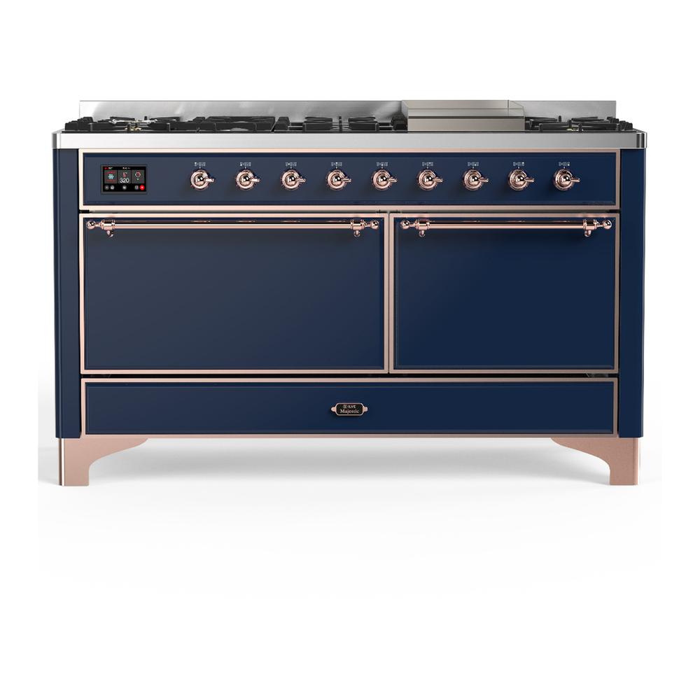 Ilve UM60FQNR3MBPLP Ilve Um60Fqnr3Mbplp Majestic Iii 60 Inch Dual Fuel Range With 9 Burners And Griddle, Dual Function Burner Up To 25,000 Btu (Liquid Propane, Solid Door, Midnight Blue, Copper)
