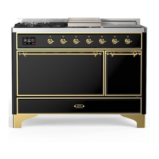 Ilve UM48FSQNR3BKG Ilve Um48Fsqnr3Bkg Majestic Iii 48 Inch Dual Fuel Range With 5 Black Brass Burners, Griddle And French Top, Dual Function Burner Up To 25,000 Btu (Natural Gas, Solid Door, Glossy Black, Brass)