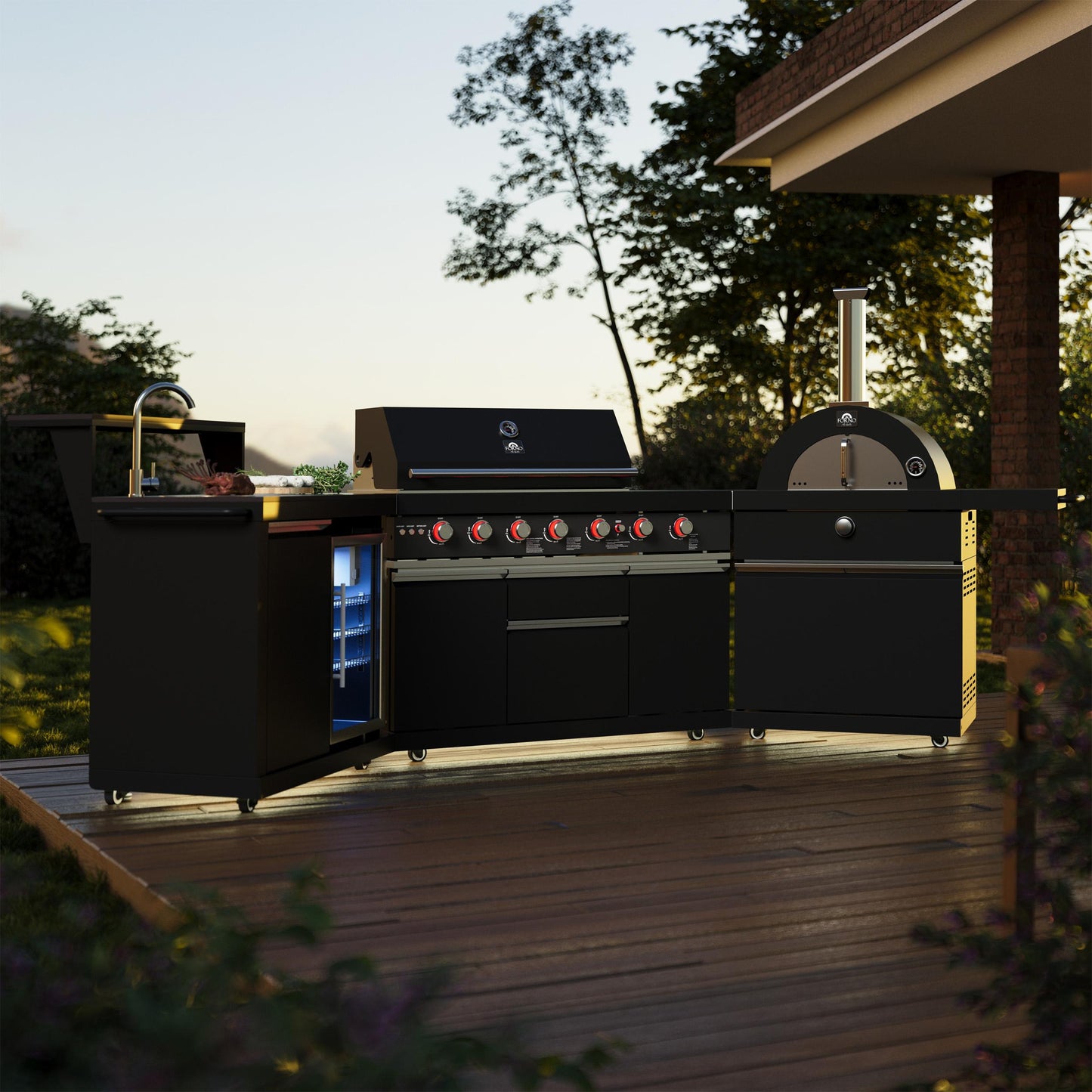 Forno FODKT2551BLK Forno All Aperto 87,600 Btu Outdoor Kitchen, 4 Burners, Infrared Burners, Side Burner, Black Sintered Stone Countertops, Gas Pizza Oven, Sink Module, Bar & Beverage Center