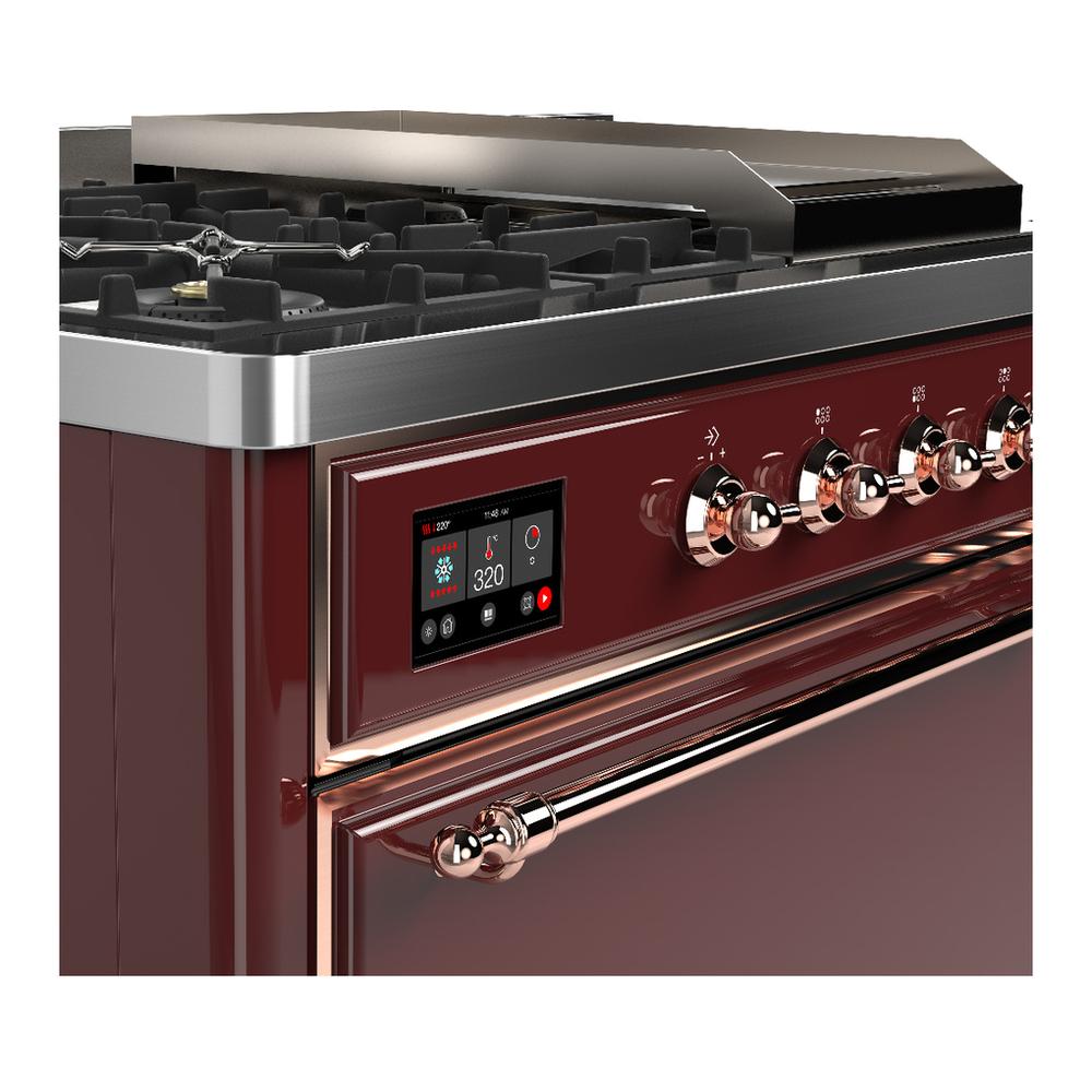 Ilve UM48FSQNR3BUPLP Ilve Um48Fsqnr3Buplp Majestic Iii 48 Inch Dual Fuel Range With 5 Black Brass Burners, Griddle And French Top, Dual Function Burner Up To 25,000 Btu (Liquid Propane, Solid Door, Burgundy, Copper)