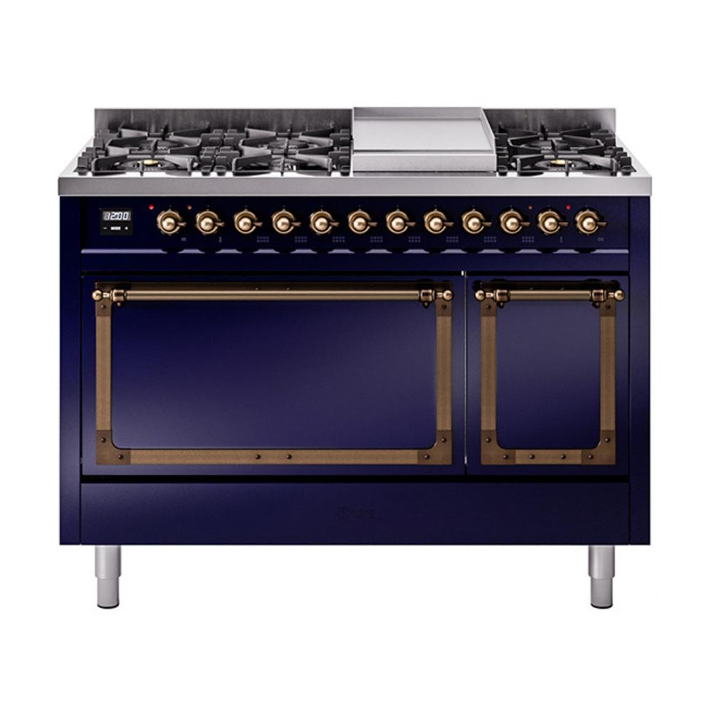 Ilve UN48FQNMPMBBLP Ilve Un48Fqnmpmbblp Nostalgie Ii Noblesse 48" Dual Fuel Range (8 Sealed Burners + Griddle, Liquid Propane, Solid Door, Midnight Blue, Burnished)