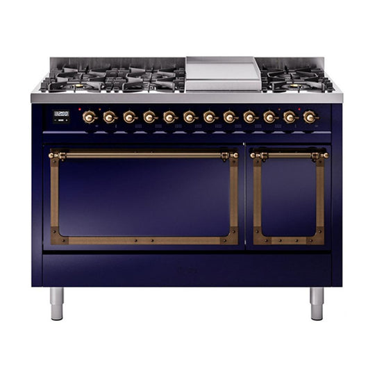 Ilve UN48FQNMPMBBLP Ilve Un48Fqnmpmbblp Nostalgie Ii Noblesse 48" Dual Fuel Range (8 Sealed Burners + Griddle, Liquid Propane, Solid Door, Midnight Blue, Burnished)