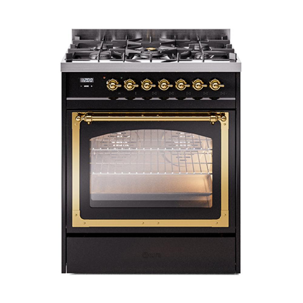 Ilve UN30NMPBKGLP Ilve Un30Nmpbkglp Nostalgie Ii Noblesse 30" Dual Fuel Range (Liquid Propane, Triple Glass Door, Glossy Black, Brass)