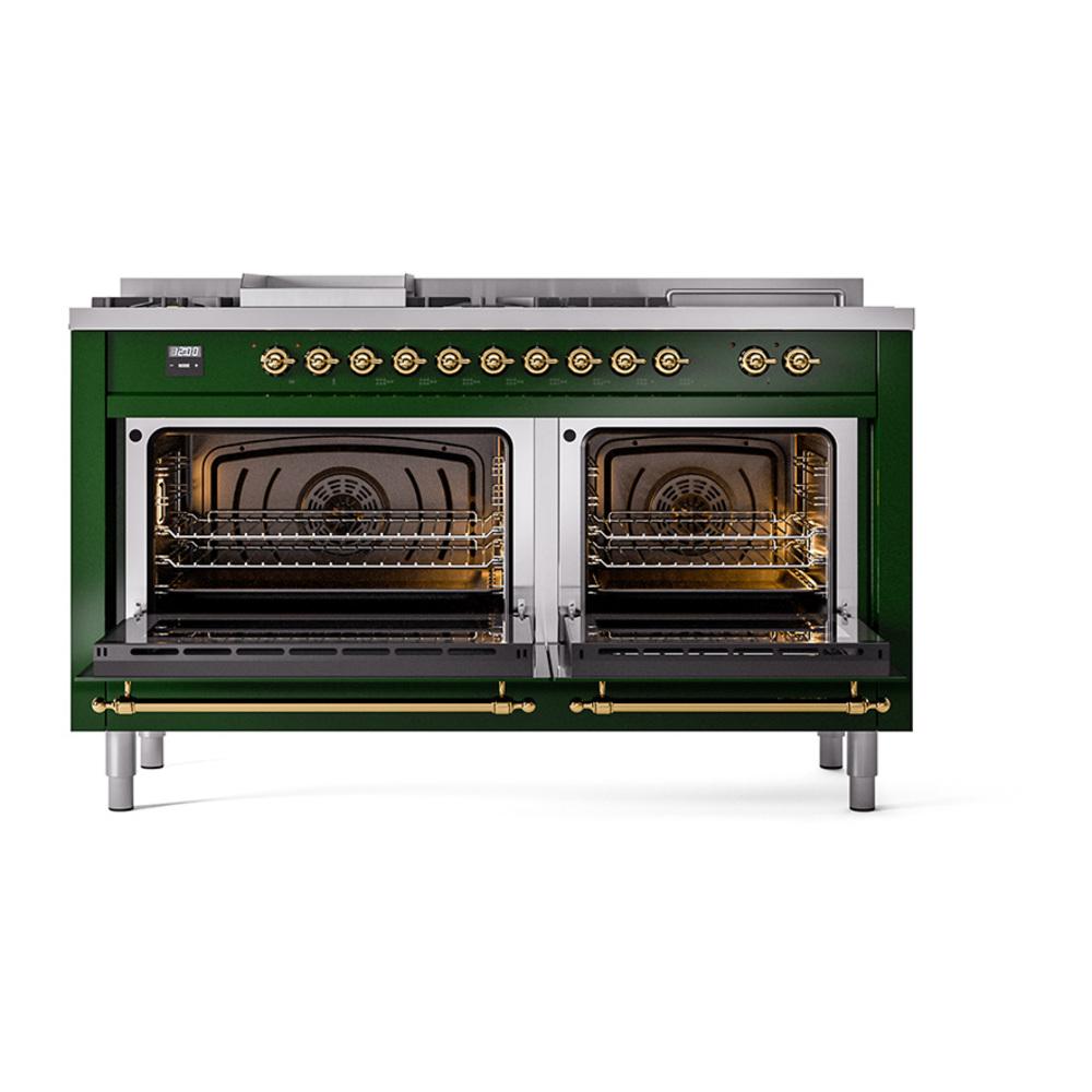 Ilve UN60FSNMPEGG Ilve Un60Fsnmpegg Nostalgie Ii Noblesse 60" Dual Fuel Range (7 Sealed Burners + Griddle + French Top, Natural Gas, Triple Glass Door, Emerald Green, Brass)