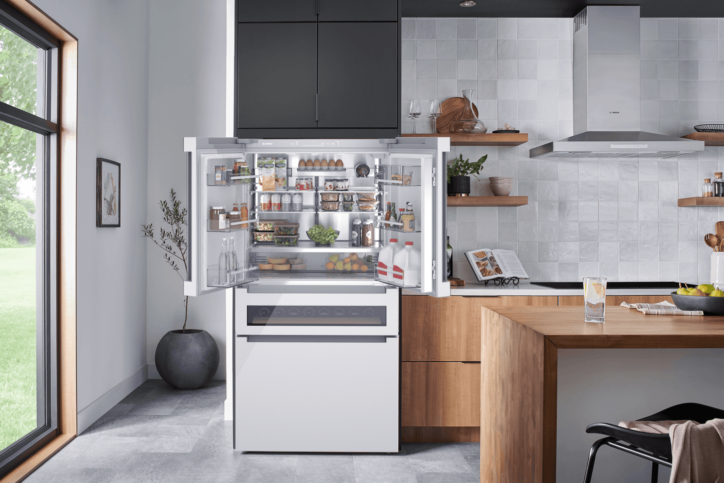 Bosch B36CL84ENW 800 Series, French Door Bottom Mount Refrigerator, Glass Door, 36'', White, Total No Frost