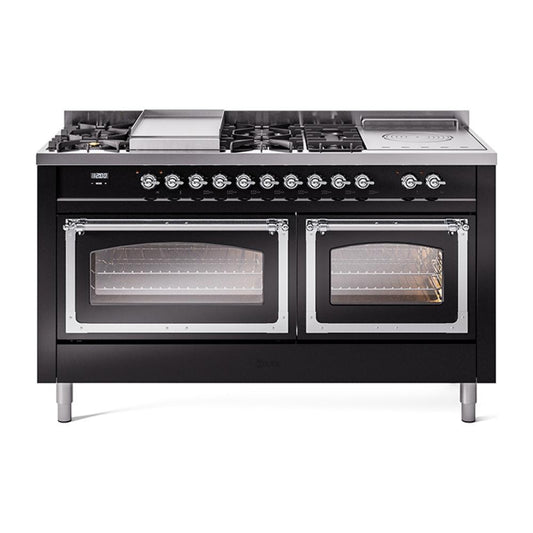 Ilve UN60FSNMPBKCLP Ilve Un60Fsnmpbkclp Nostalgie Ii Noblesse 60" Dual Fuel Range (7 Sealed Burners + Griddle + French Top, Liquid Propane, Triple Glass Door, Glossy Black, Chrome)