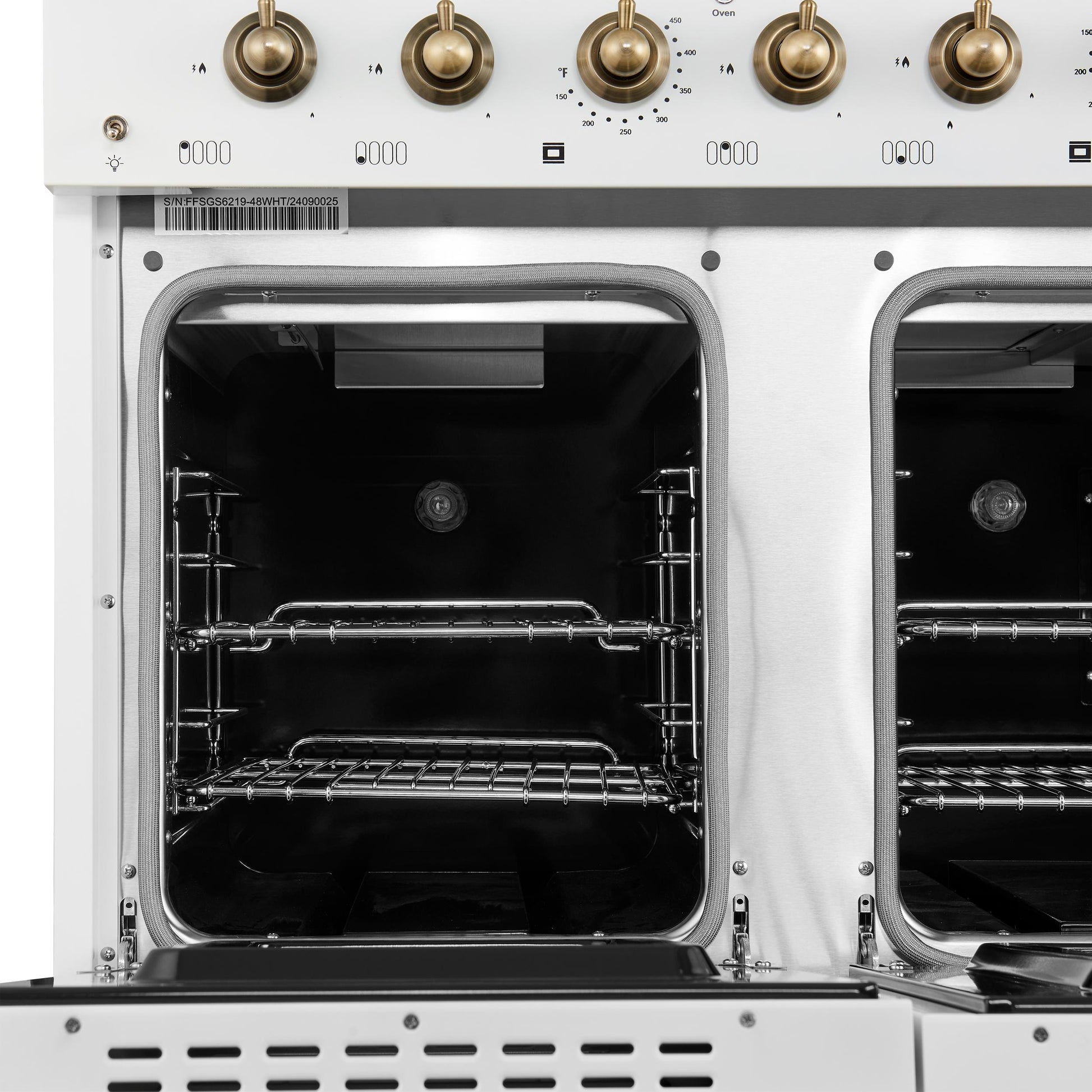 Forno FFSGS621948WHT Forno Antico 48-Inch Freestanding Gas Range, White, Antique Brass Design, 8 Burners, Griddle, Double Ovens, Energy Efficient