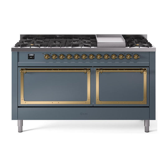 Ilve UN60FQNMPBGGLP Ilve Un60Fqnmpbgglp Nostalgie Ii Noblesse 60" Dual Fuel Range (9 Sealed Burners + Griddle, Liquid Propane, Solid Door, Blue Grey, Brass)