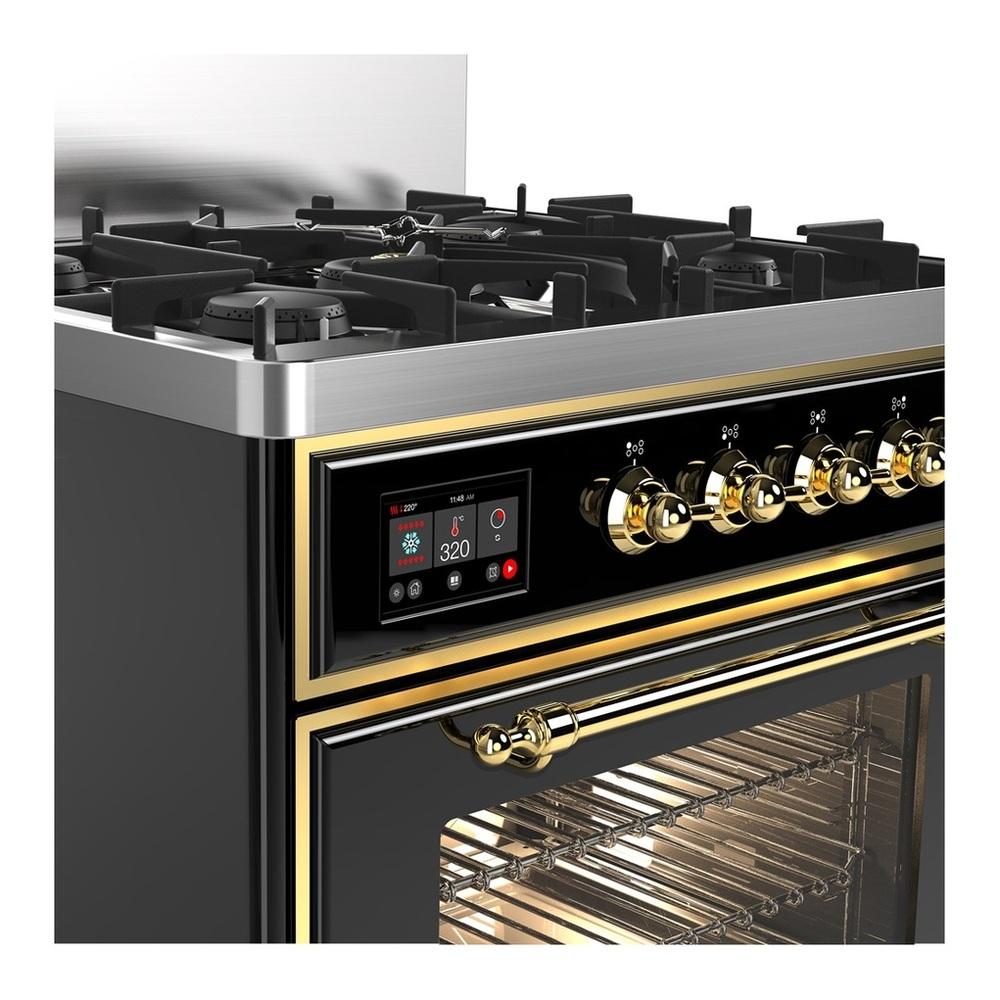 Ilve UM30NR3BKGLP Ilve Um30Nr3Bkglp Majestic Iii 30 Inch Dual Fuel Range With 5 Black Brass Burners, Dual Function Burner Up To 25,000 Btu (Liquid Propane, Triple Glass Door, Glossy Black, Brass)