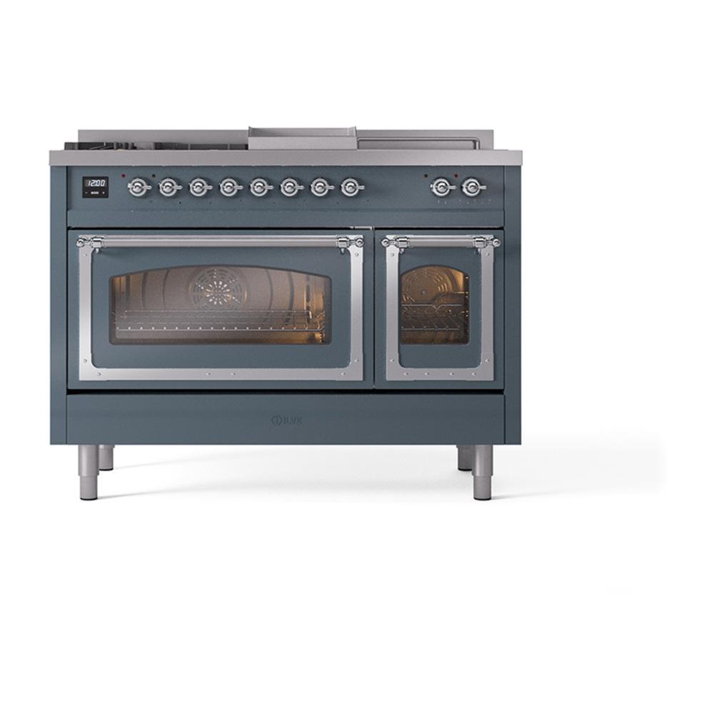 Ilve UN48FSNMPBGCLP Ilve Un48Fsnmpbgclp Nostalgie Ii Noblesse 48" Dual Fuel Range (5 Sealed Burners + Griddle + French Top, Liquid Propane, Triple Glass Door, Blue Grey, Chrome)