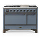 Ilve UM48FQNR3BGBLP Ilve Um48Fqnr3Bgblp Majestic Iii 48 Inch Dual Fuel Range With 8 Burners And Griddle, Dual Function Burner Up To 25,000 Btu (Liquid Propane, Solid Door, Blue Grey, Burnished)
